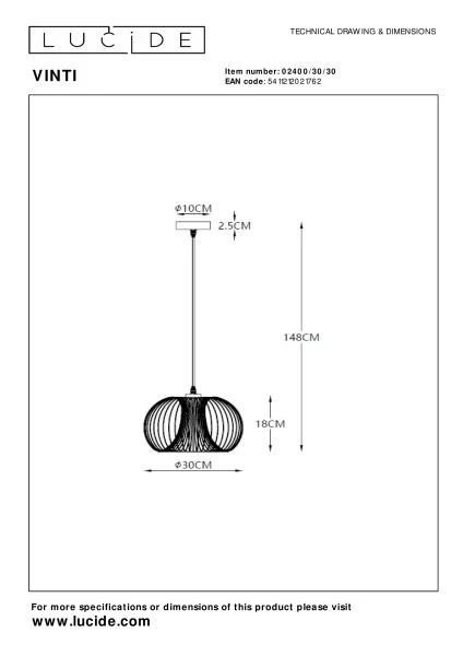 Lucide VINTI - Pendant light - Ø 30 cm - 1xE27 - Black - technical